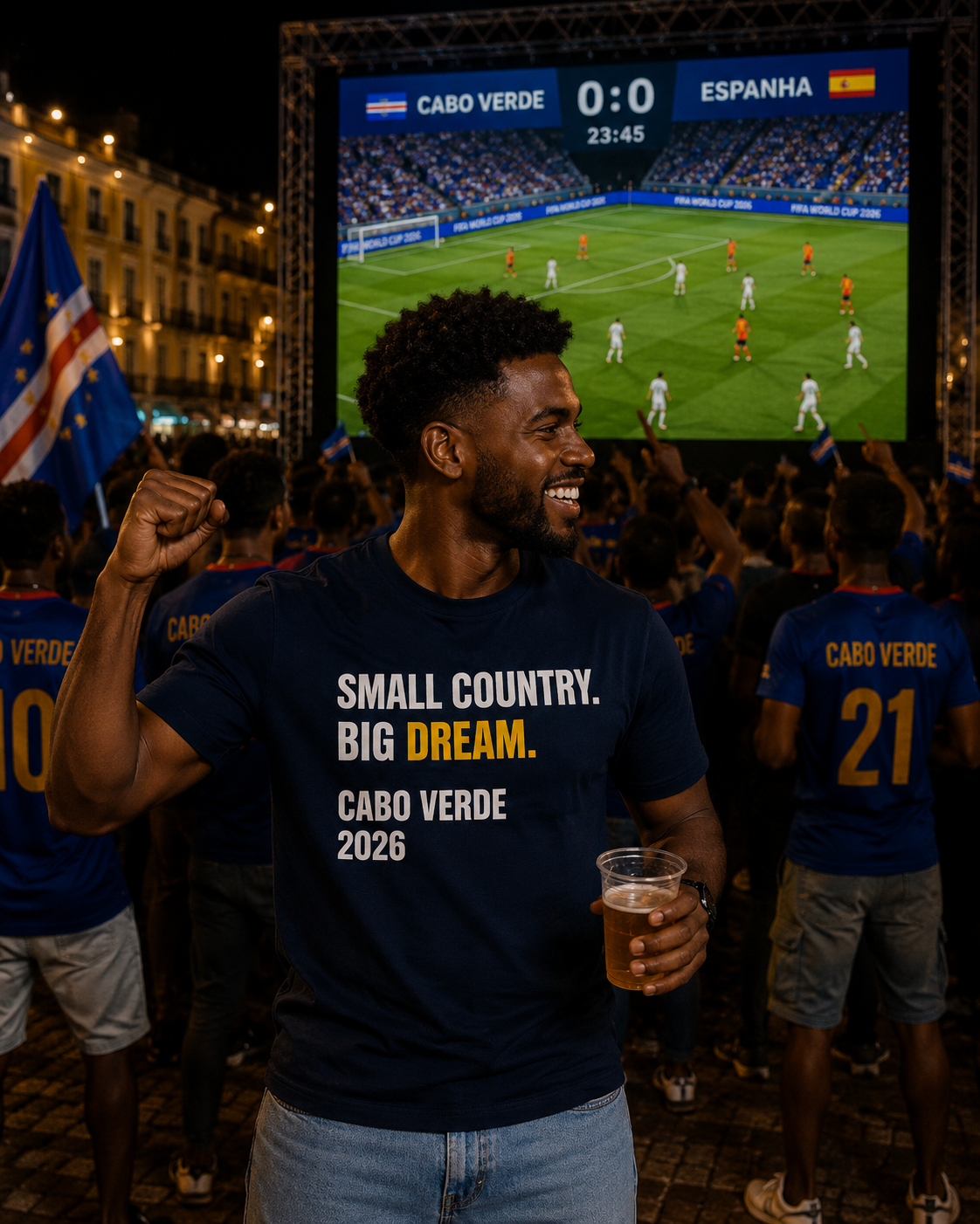 Cabo Verde 2026 'Small Country. Big Dream.' T‑Shirt — Vozinha #1 Soccer Fan Tee